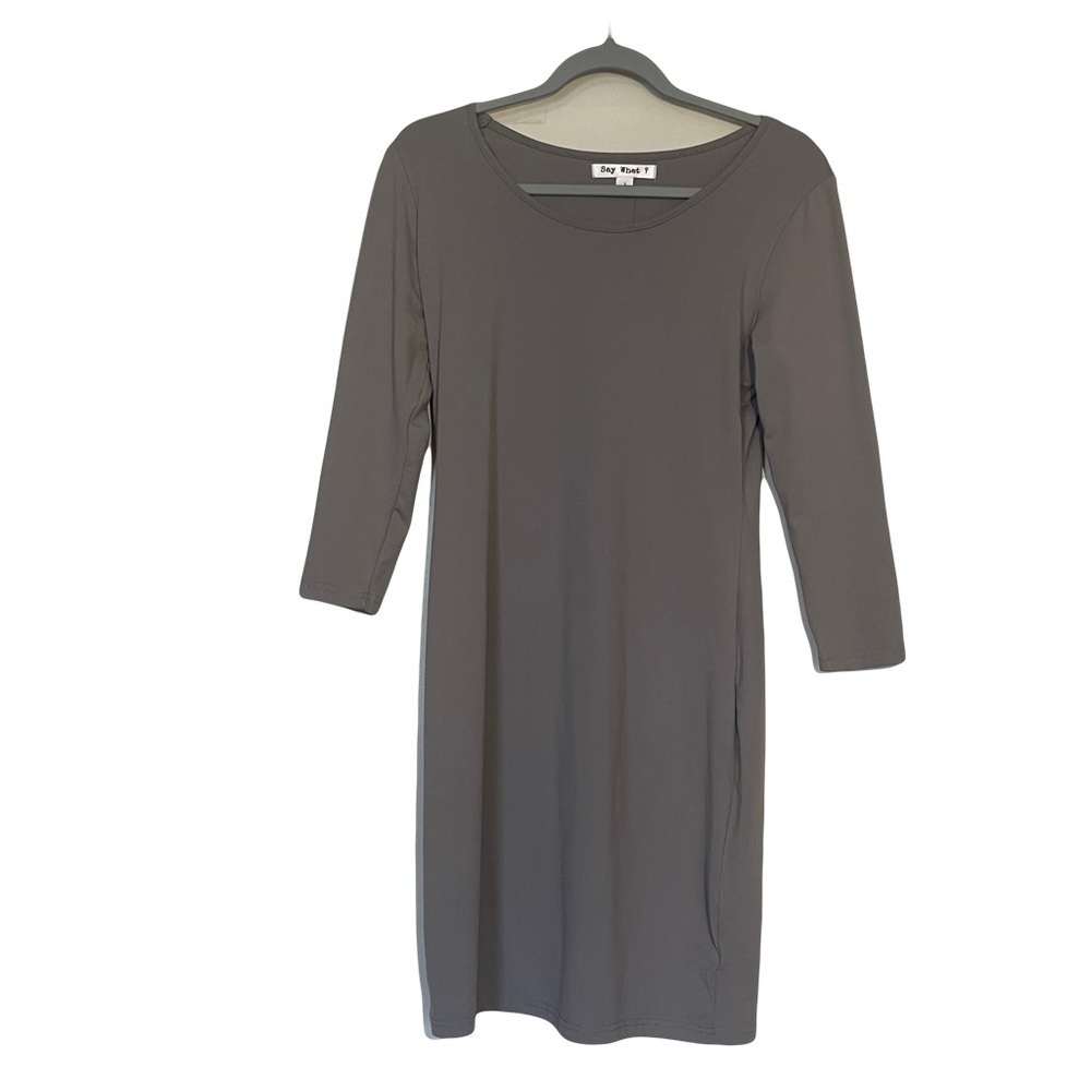 Say What? Gray form fitting dress 3/4 quarters length sleeves size Large